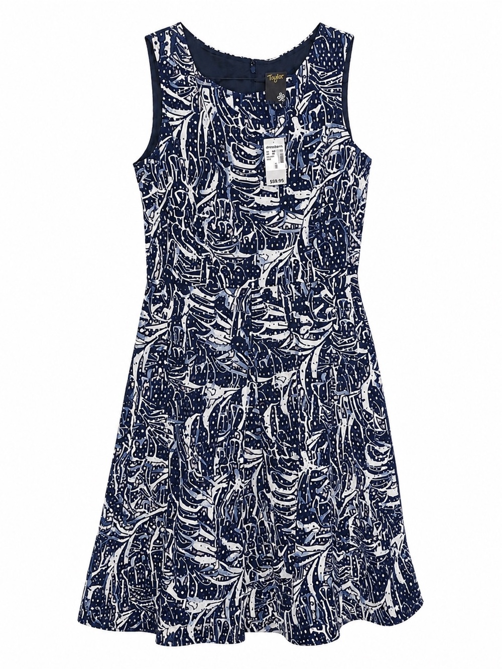 Taylor Navy and White Embroidered Cutout Leaf-Print Sleeveless A-Line Dress NWT